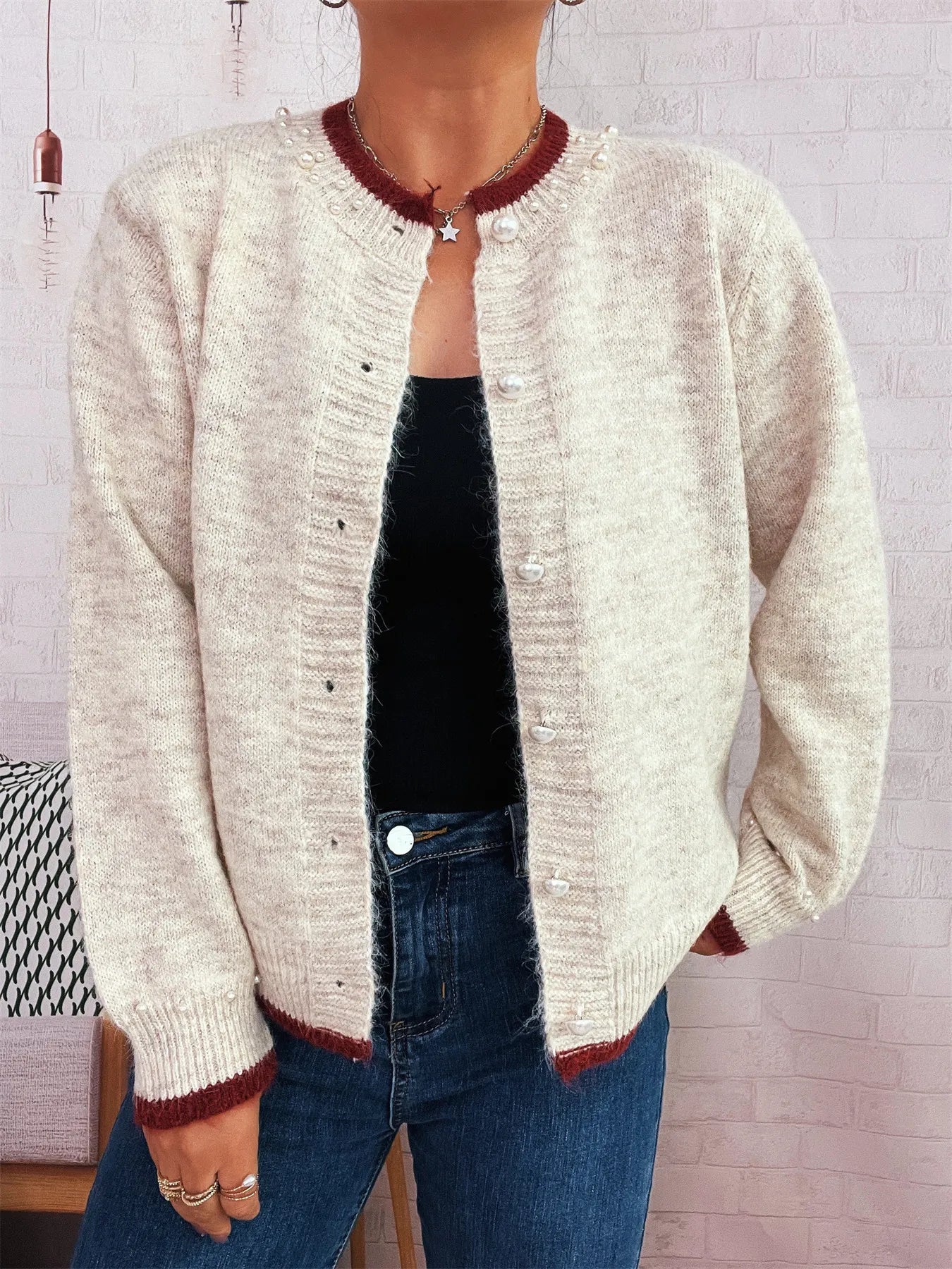 Pearl Embellished Button-Front Cardigan Trendsi