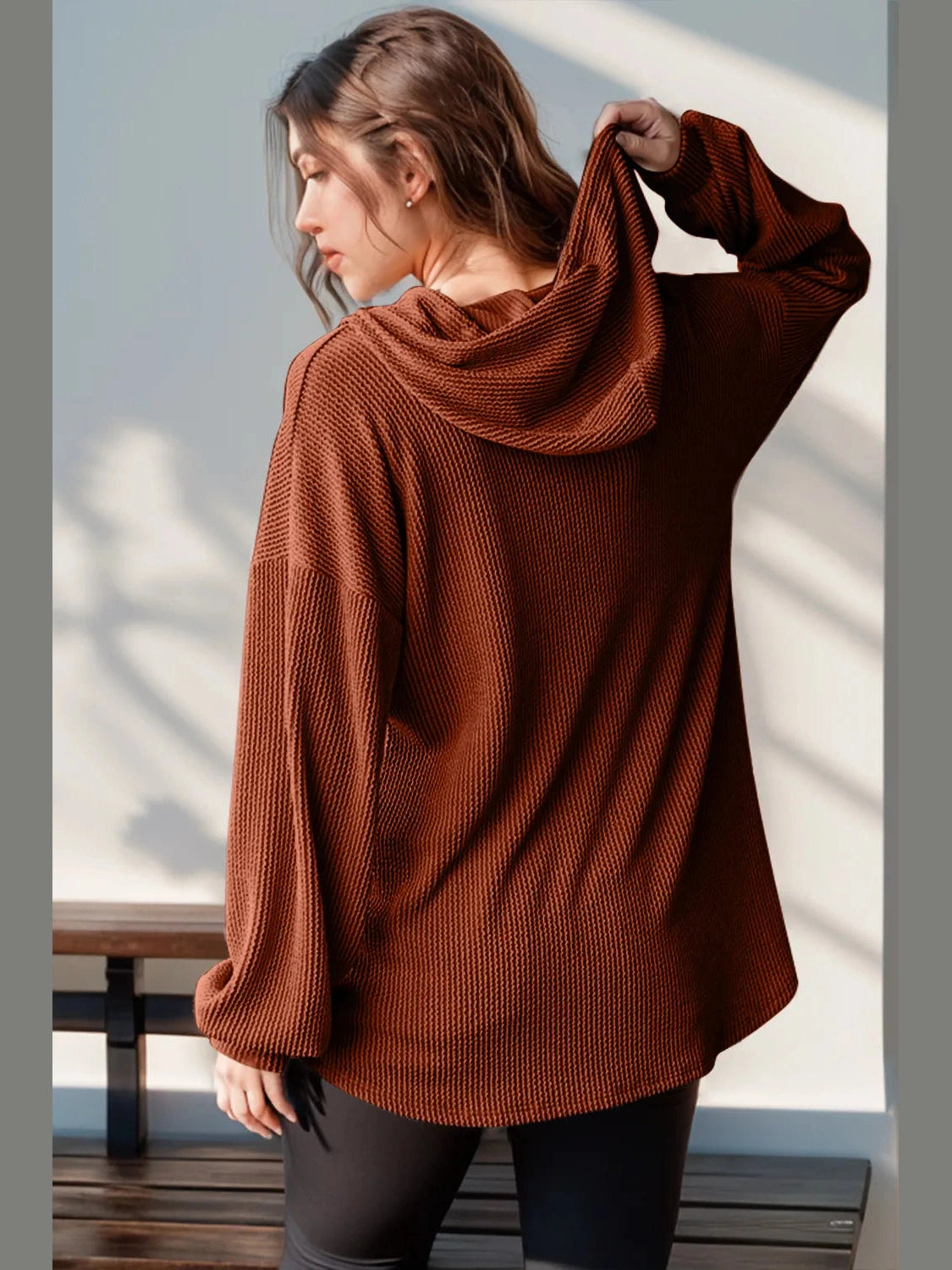Double Take Full Size Half Button Long Sleeve Hoodie Trendsi