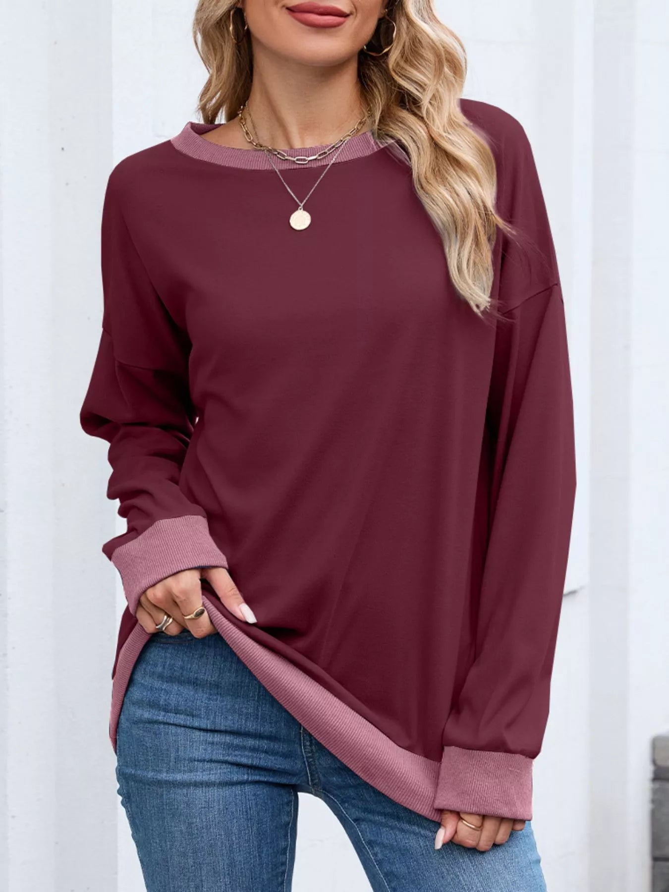 Contrast Trim Long Sleeve Sweatshirt Trendsi