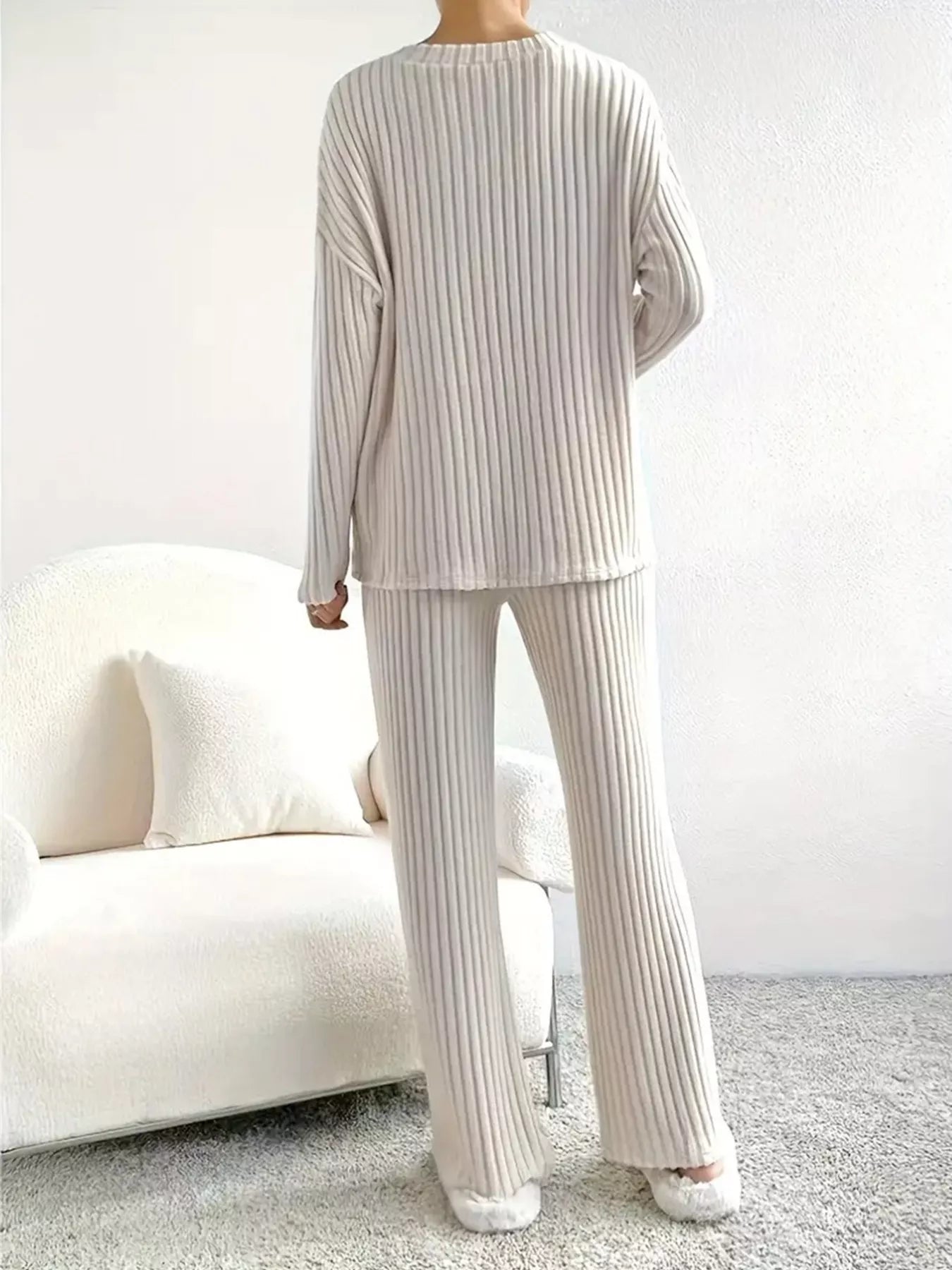 Ribbed Knit V-Neck Top and Pants Set nicholesgifts