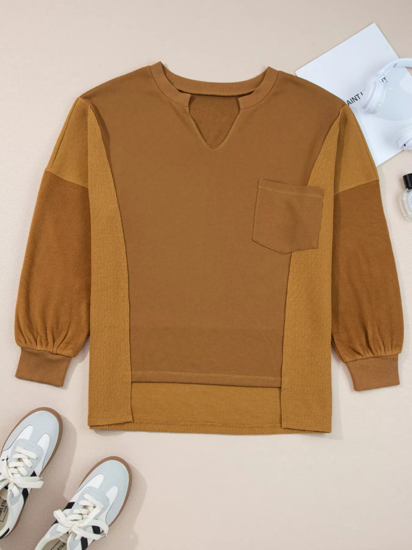 Oversized Textured Split Neck High Low Sweatshirt Trendsi