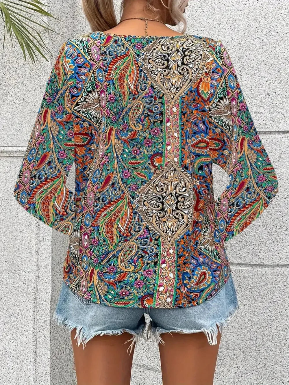 Printed V-Neck Long Sleeve Blouse NicholesGifts