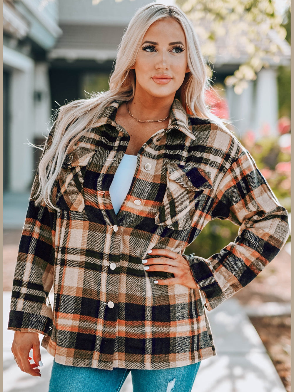 Plaid Button Front Shirt Jacket with Breast Pockets nicholesgifts