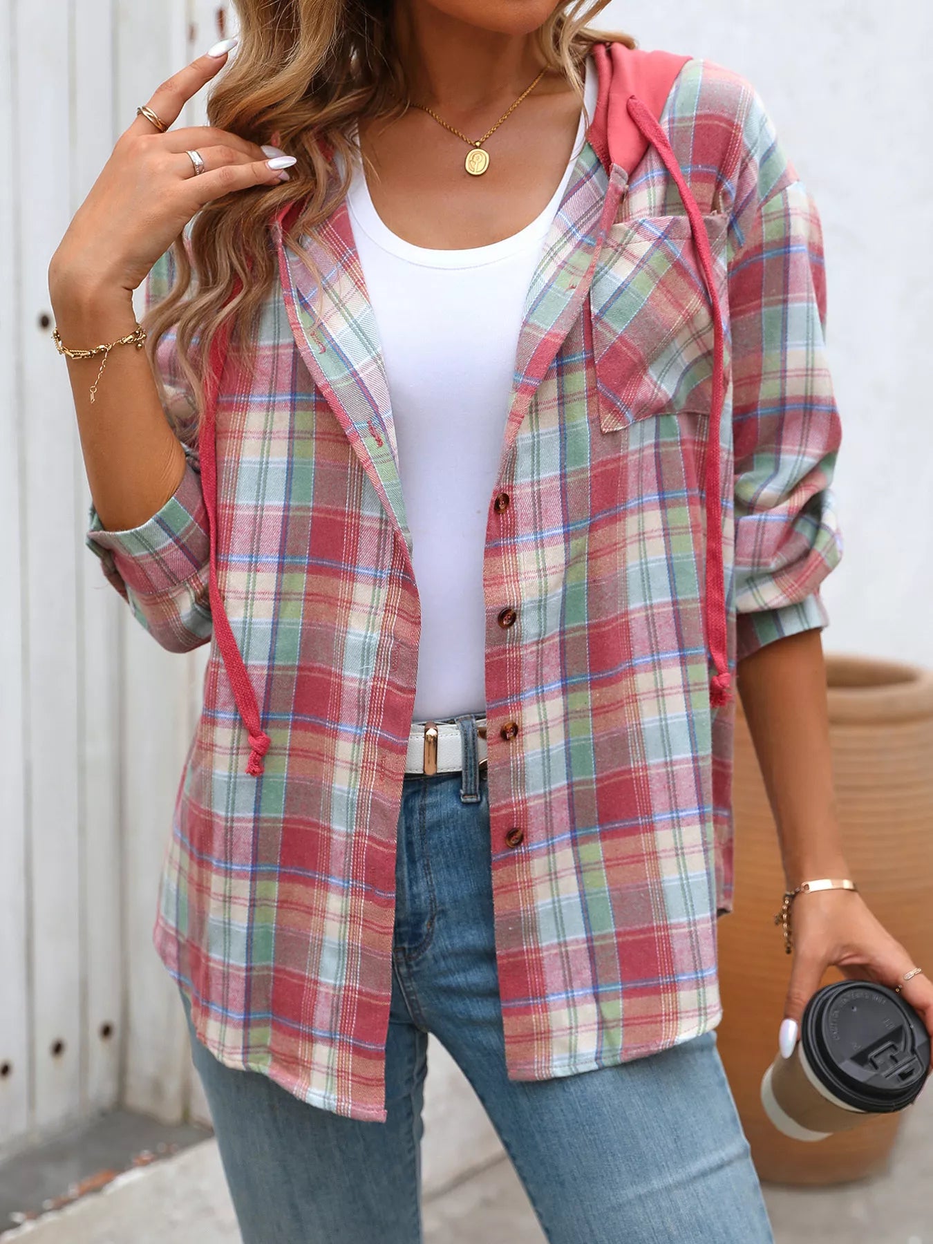 Plaid Button-Up Hooded Shirt NicholesGifts