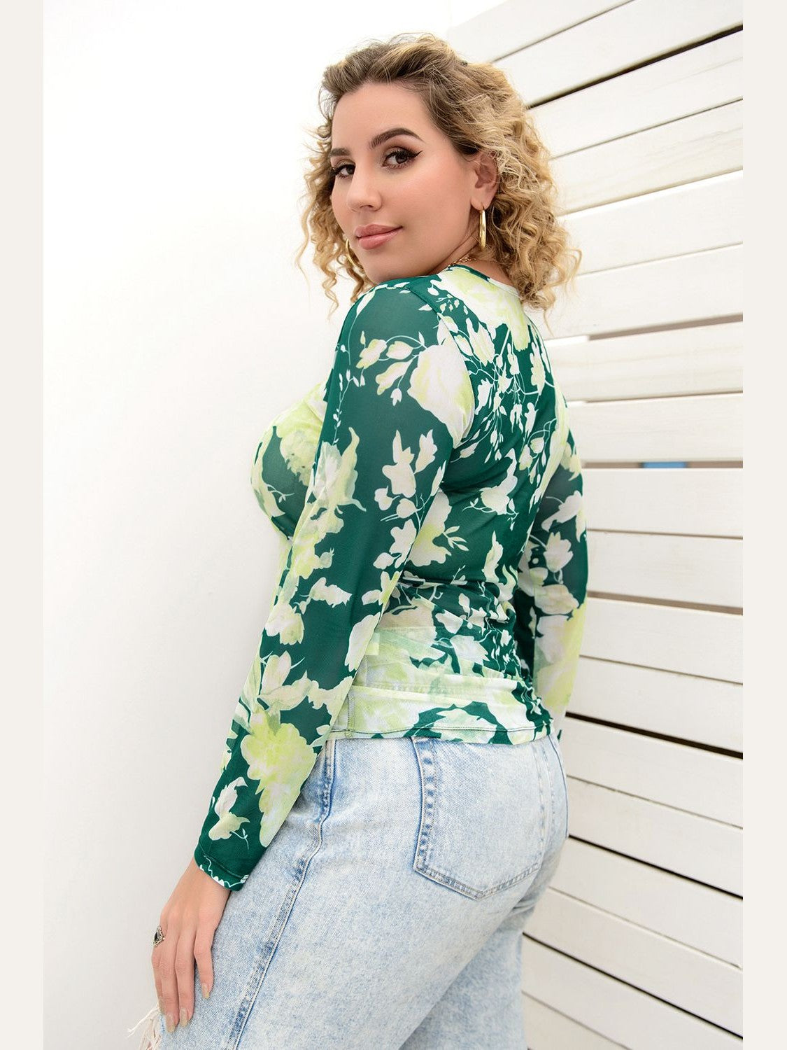 Plus Size Printed Round Neck Long Sleeve Blouse NicholesGifts
