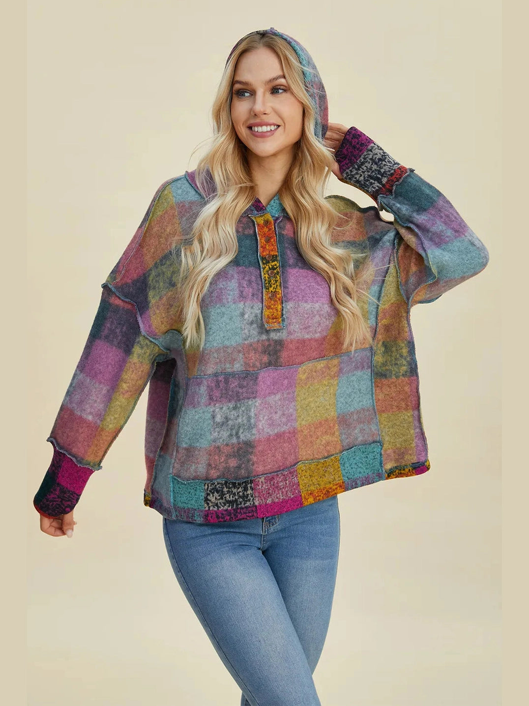 Double Take Full Size Plaid Dropped Shoulder Fleece Hoodie Trendsi