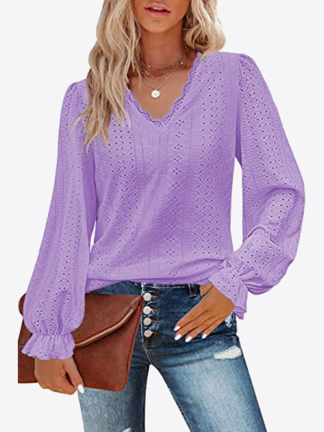 Eyelet V-Neck Flounce Sleeve Blouse