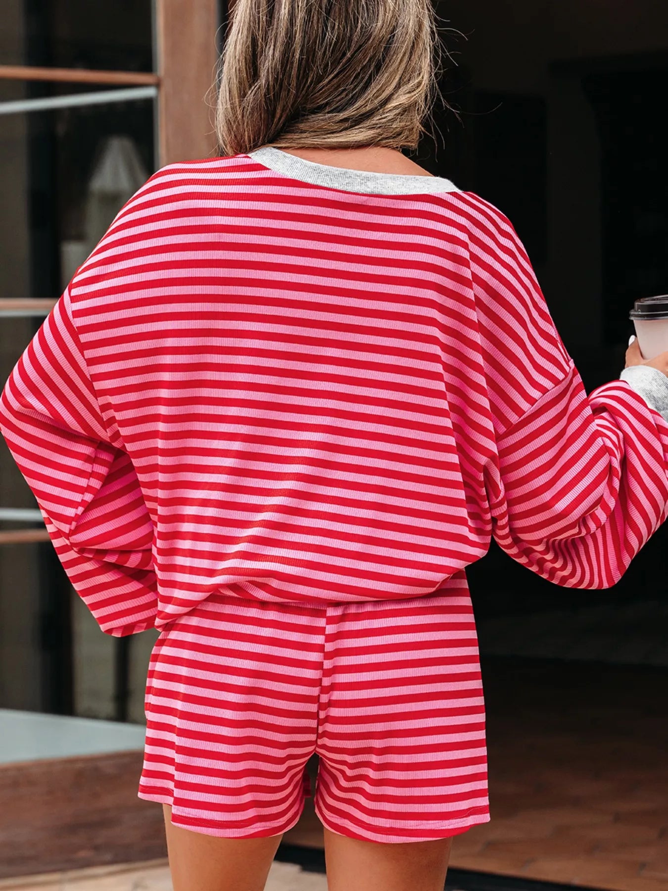 Stripe Drop Shoulder Baggy Top and Shorts Casual Set Trendsi