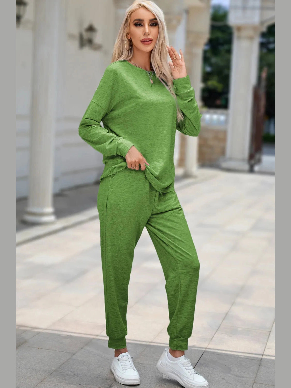 Round Neck Top and Drawstring Pants Lounge Set nicholesgifts