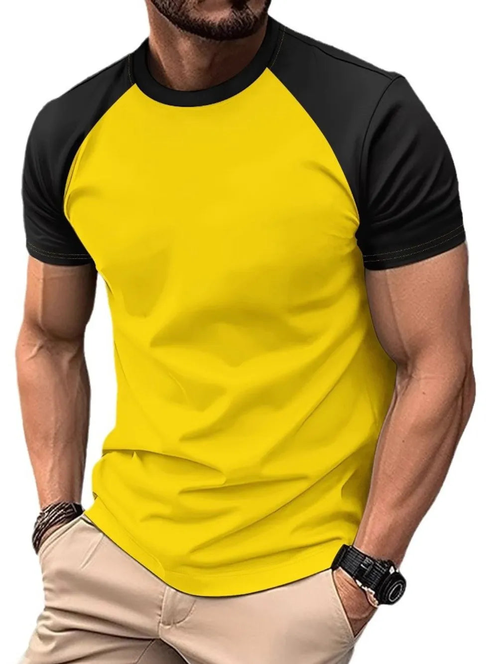 Men's Full Size Round Neck Contrast T-Shirt Plus Size Trendsi