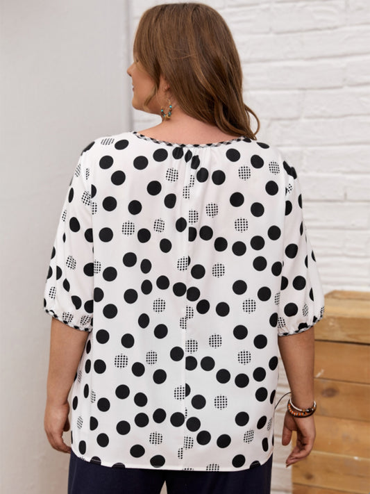 Plus Size Polka Dot Round Neck Half Sleeve Blouse NicholesGifts