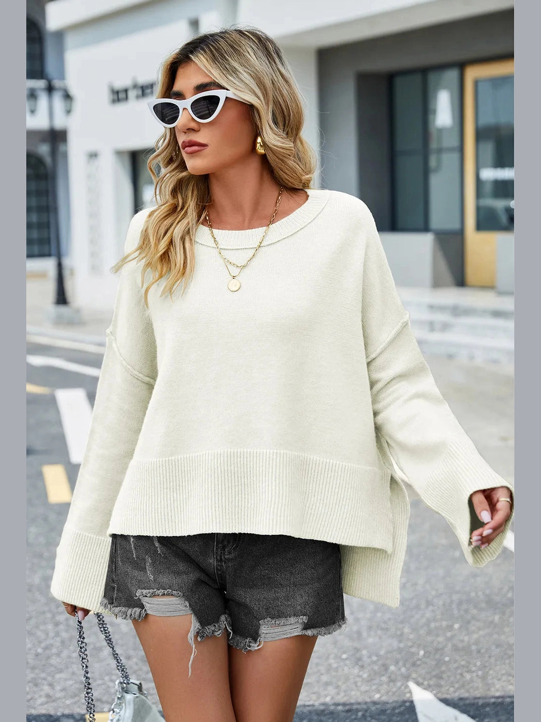 High-Low Slit Round Neck Long Sleeve Sweater nicholesgifts