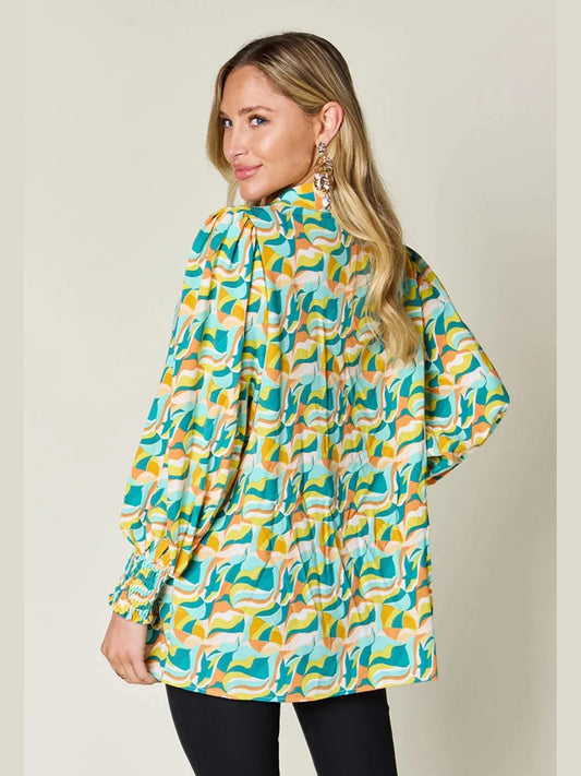 Double Take Full Size Printed Smocked Long Sleeve Blouse nicholesgifts