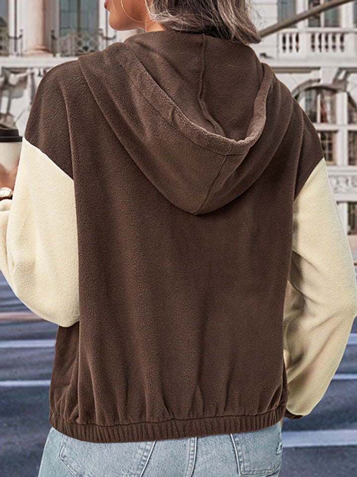 NicholesGifts Women Perfee Two-Tone Zip-Up Dropped Shoulder Hooded Jacket NicholesGifts