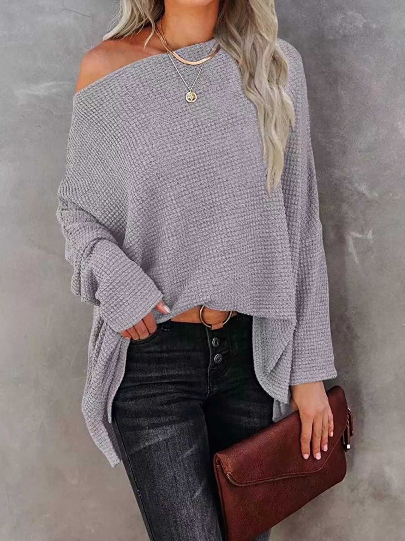Waffle Knit Boat Neck T-Shirt nicholesgifts