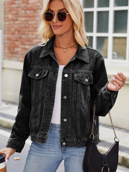 Pocketed Collared Neck Denim Jacket nicholesgifts