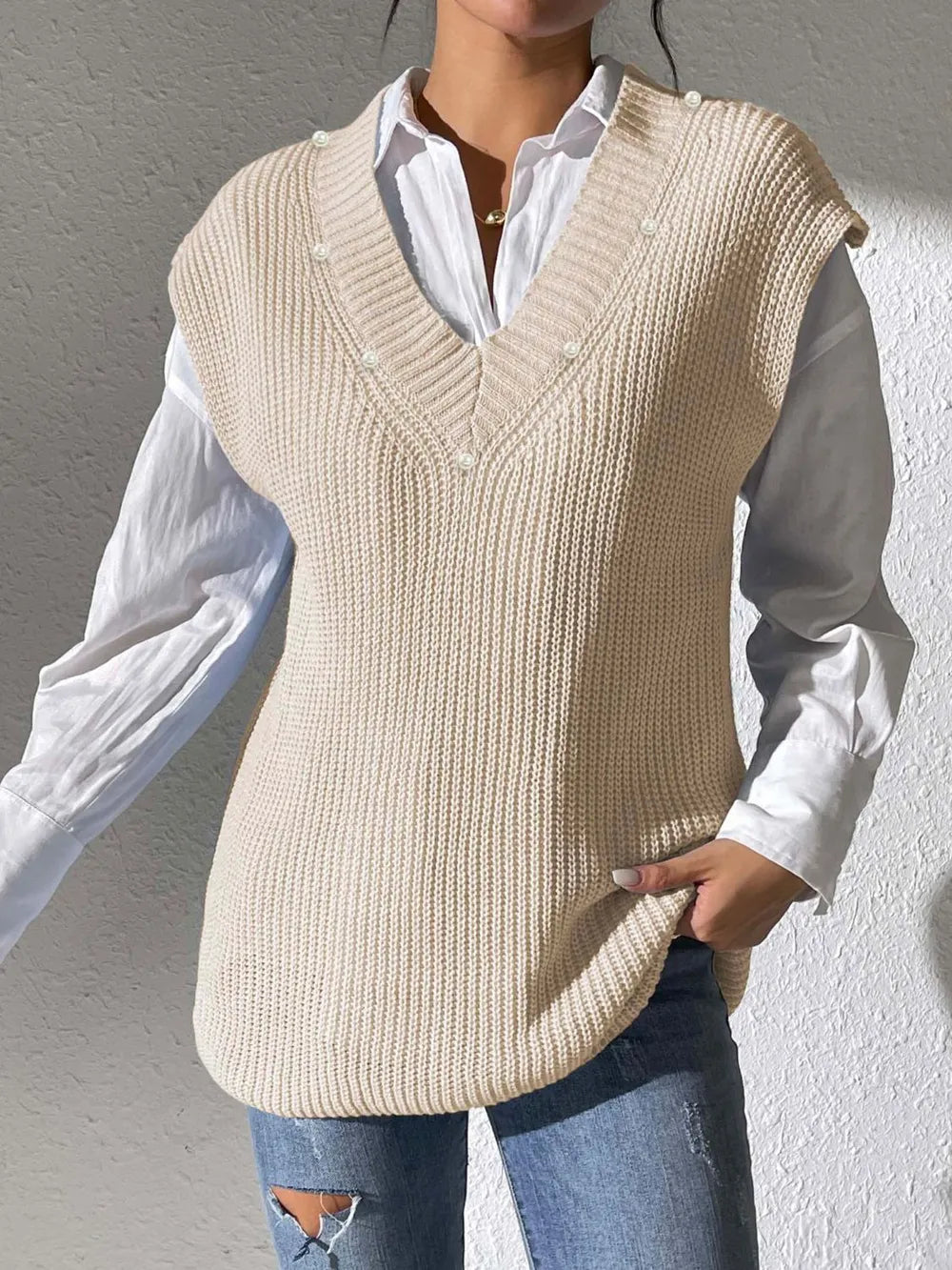 Pearl Trim V-Neck Sweater Vest nicholesgifts