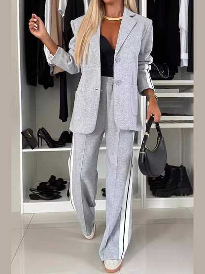 Full Size Contrast Lapel Collar Top and Pants Set nicholesgifts