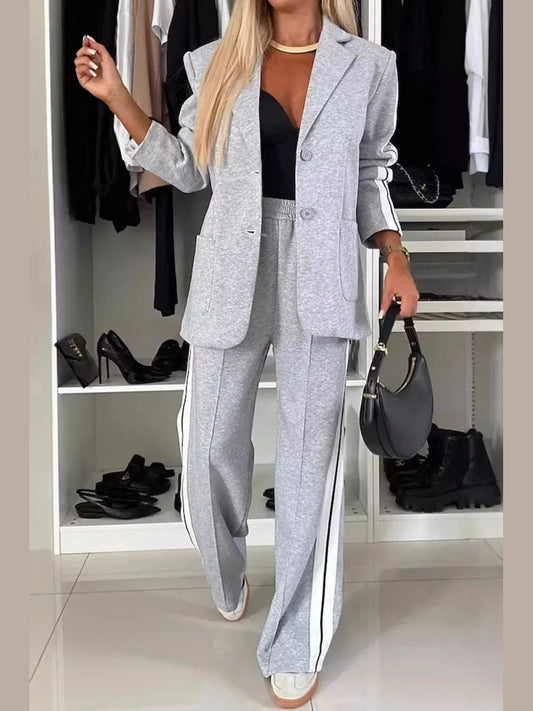 Full Size Contrast Lapel Collar Top and Pants Set nicholesgifts