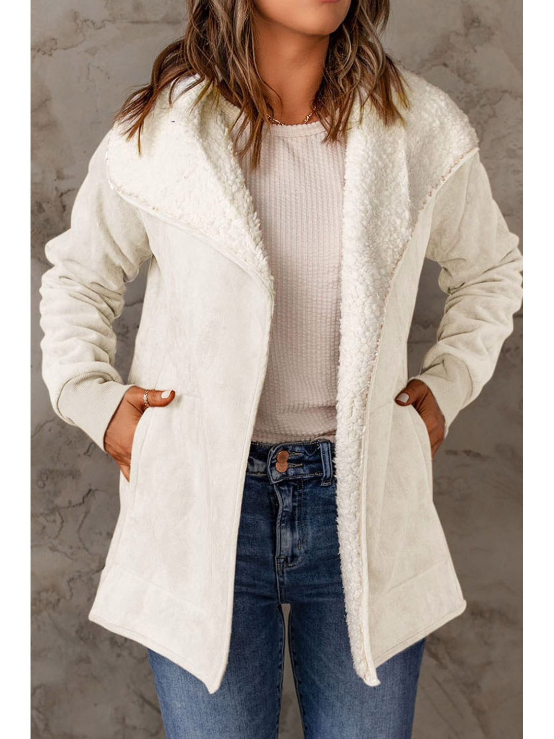 Open Front Long Sleeve Sherpa Jacket with Pockets nicholesgifts