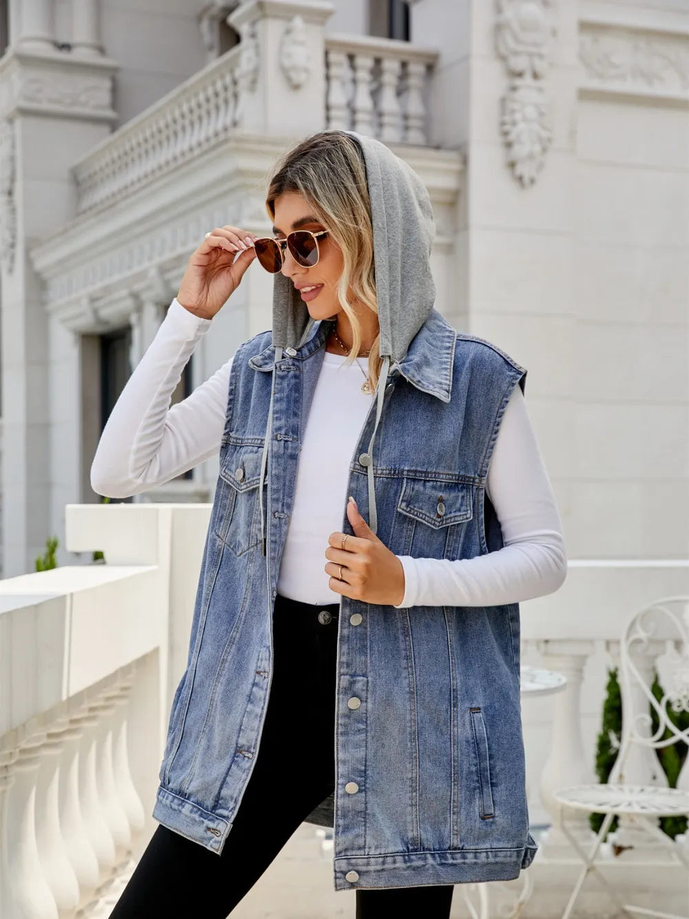Drawstring Pocketed Button Up Sleeveless Denim Jacket nicholesgifts