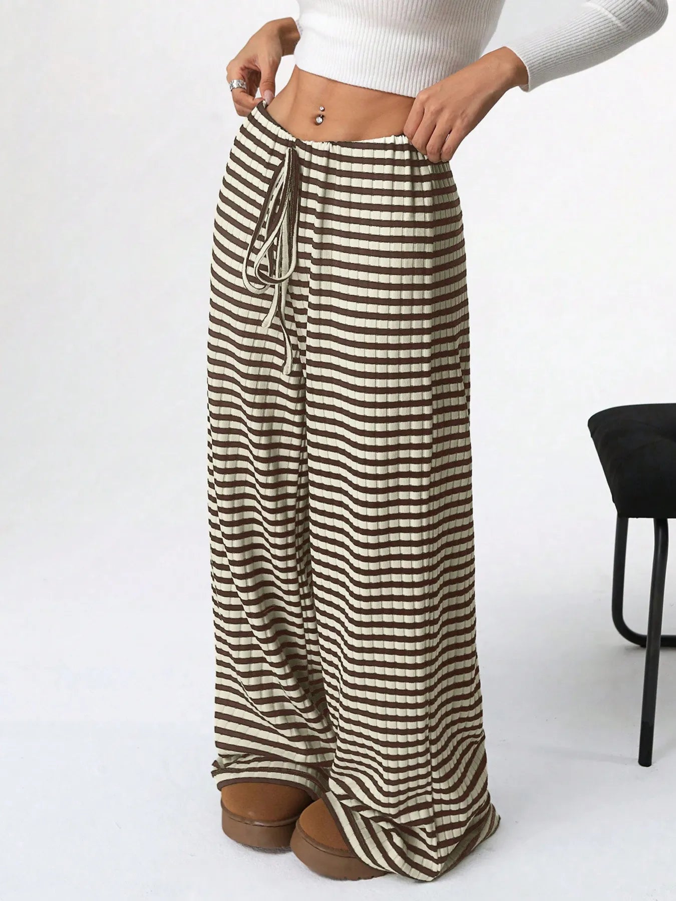 Women Striped Wide Leg Drawstring Pants nicholesgifts