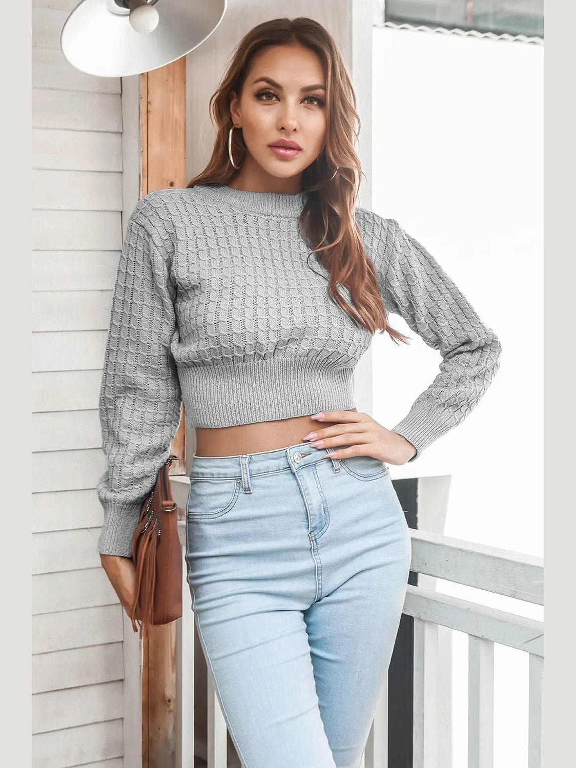 Round Neck Long Sleeve Cropped Sweater Trendsi