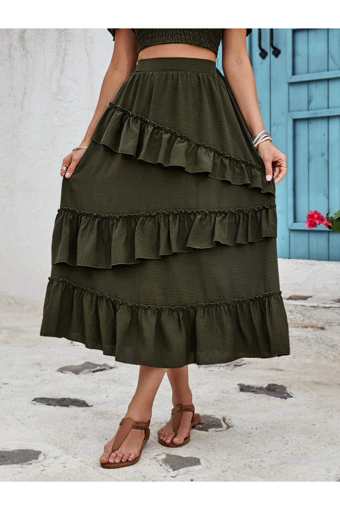 Ruffled Elastic Waist Midi Skirt nicholesgifts