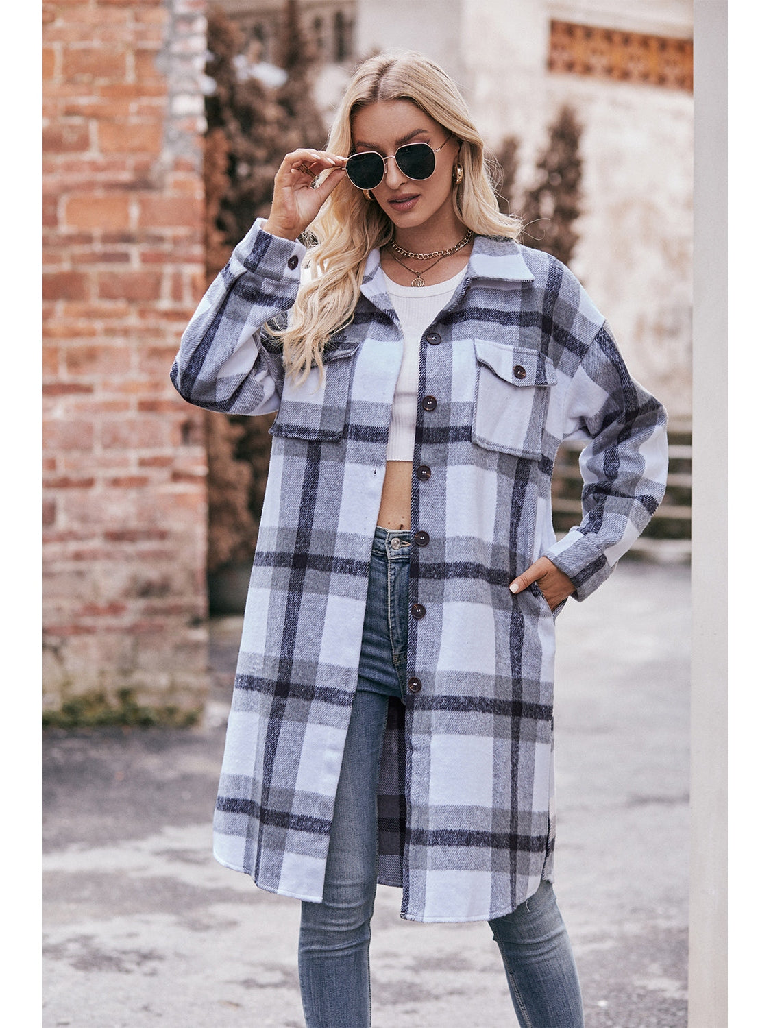 NicholesGifts Women Mandy Plaid Dropped Shoulder Longline Jacket