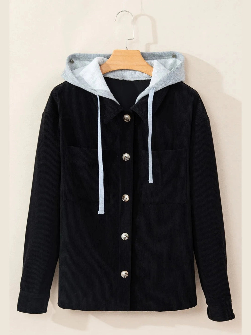 Drawstring Button Up Long Sleeve Hooded Jacket nicholesgifts