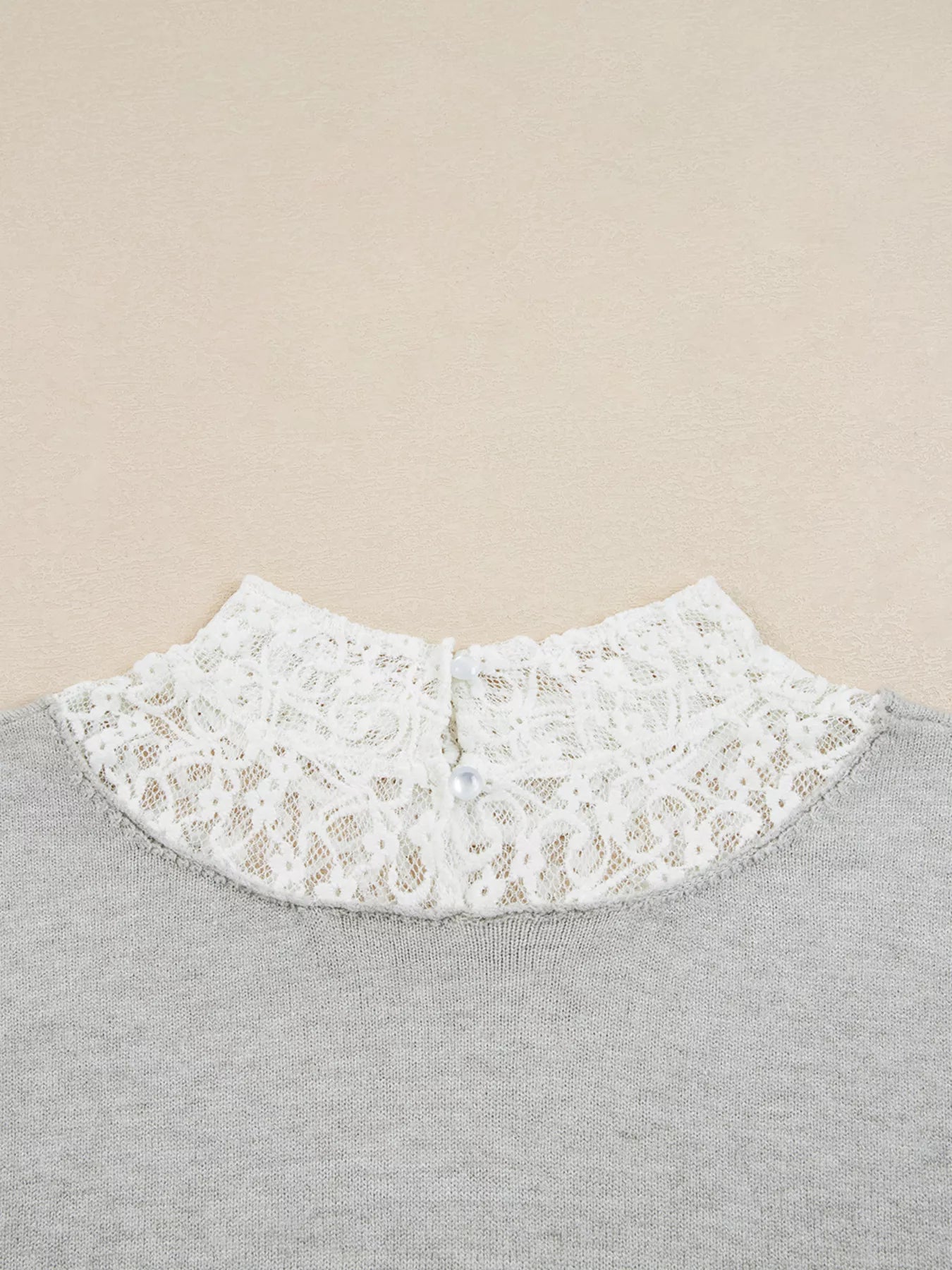 Button Keyhole Lace Patchwork Drop Shoulder Sweater