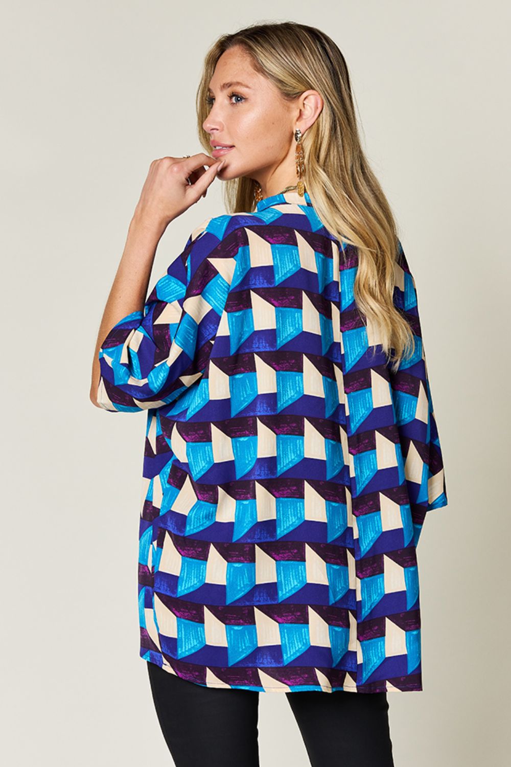 Double Take Full Size Geometric Notched Half Sleeve Blouse nicholesgifts