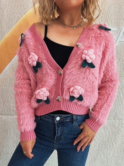 Women Flower Fuzzy Button-Up Cardigan nicholesgifts