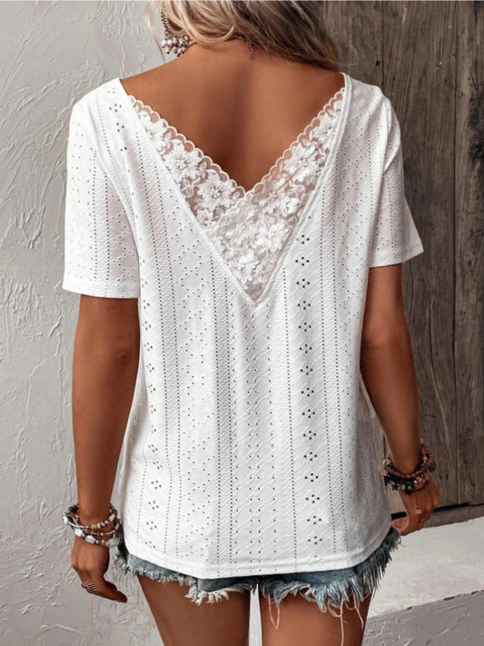 Lace Detail Eyelet Short Sleeve Blouse nicholesgifts