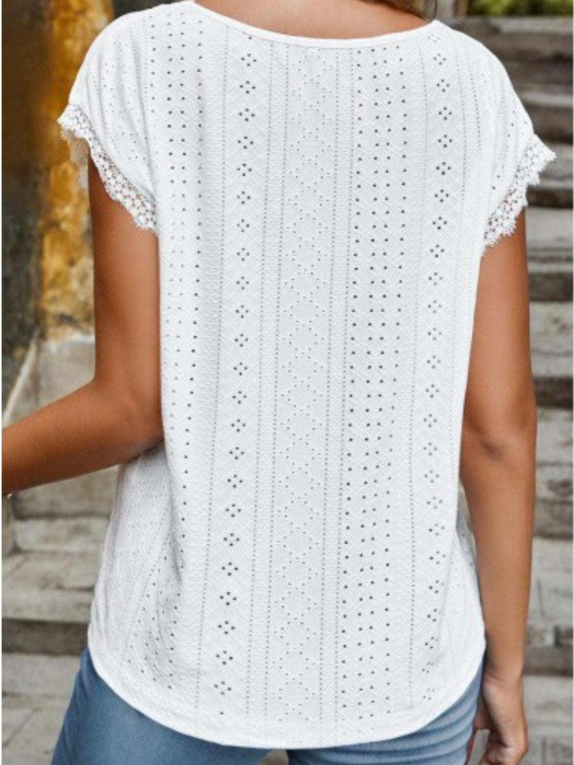 Eyelet V-Neck Cap Sleeve Blouse nicholesgifts