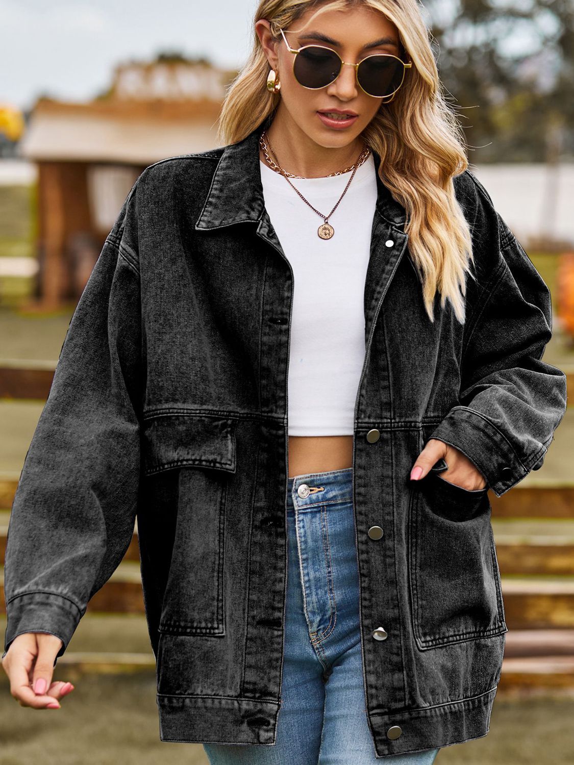 Dropped Shoulder Denim Jacket with Pockets nicholesgifts