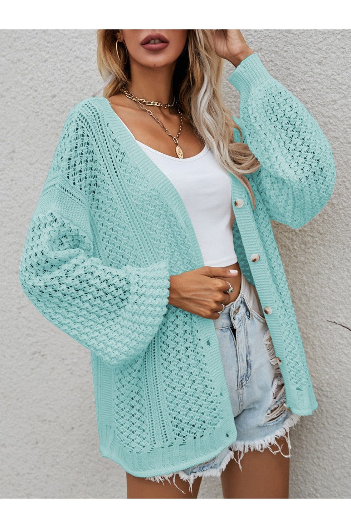 Openwork Button Front Cardigan nicholesgifts