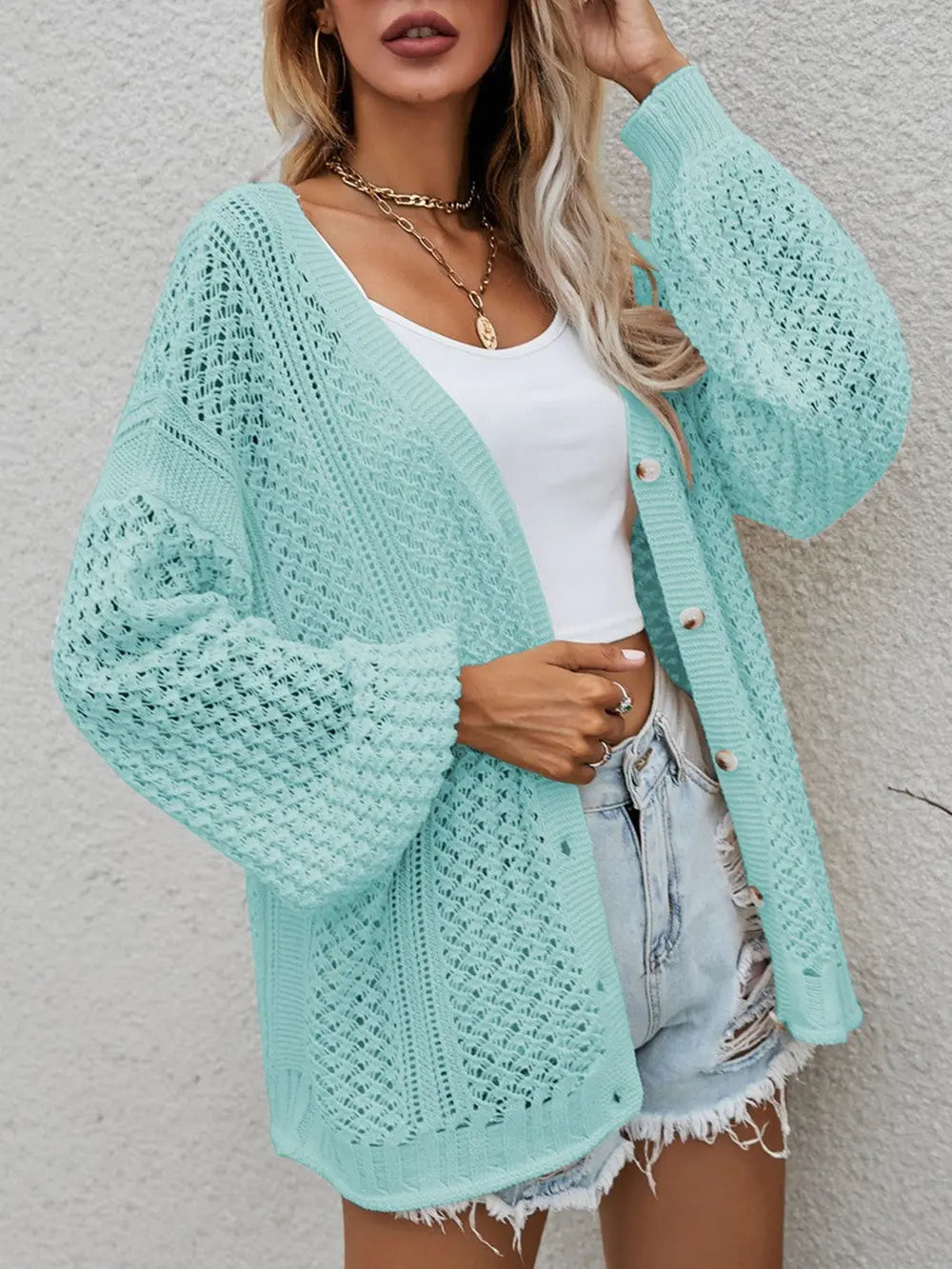 Openwork Button Front Cardigan nicholesgifts