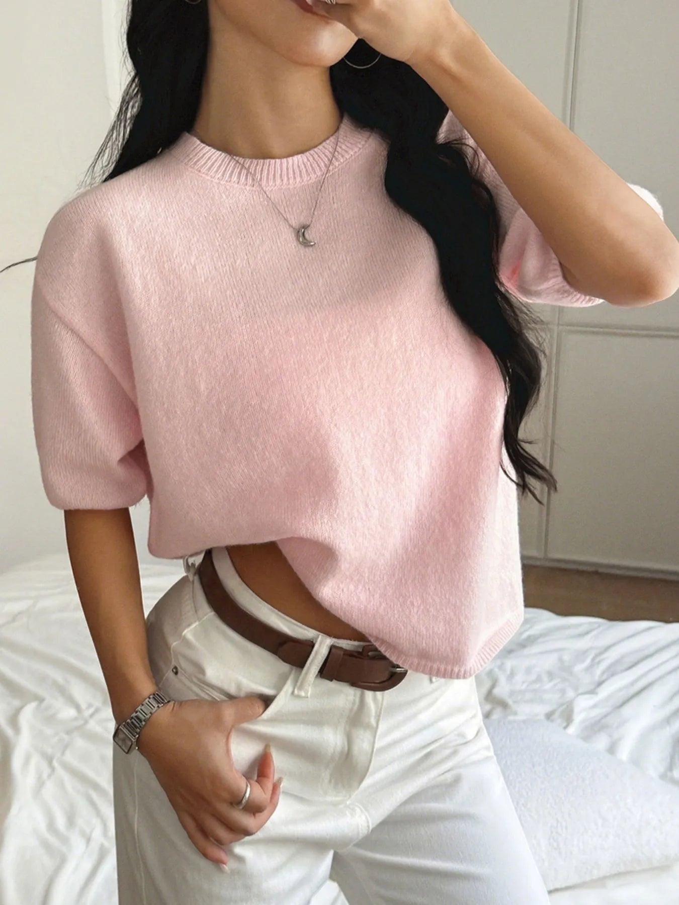 Ribbed Hem Round Neck Sweater Trendsi