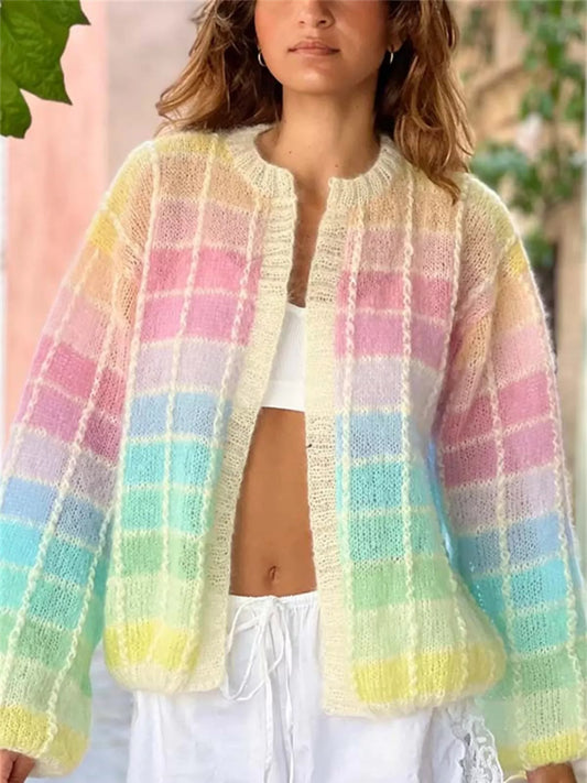 Rainbow Plaid Open Front Cardigan