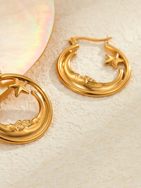 18K Gold-Plated Crescent Moon Star Hoop Earrings nicholesgifts