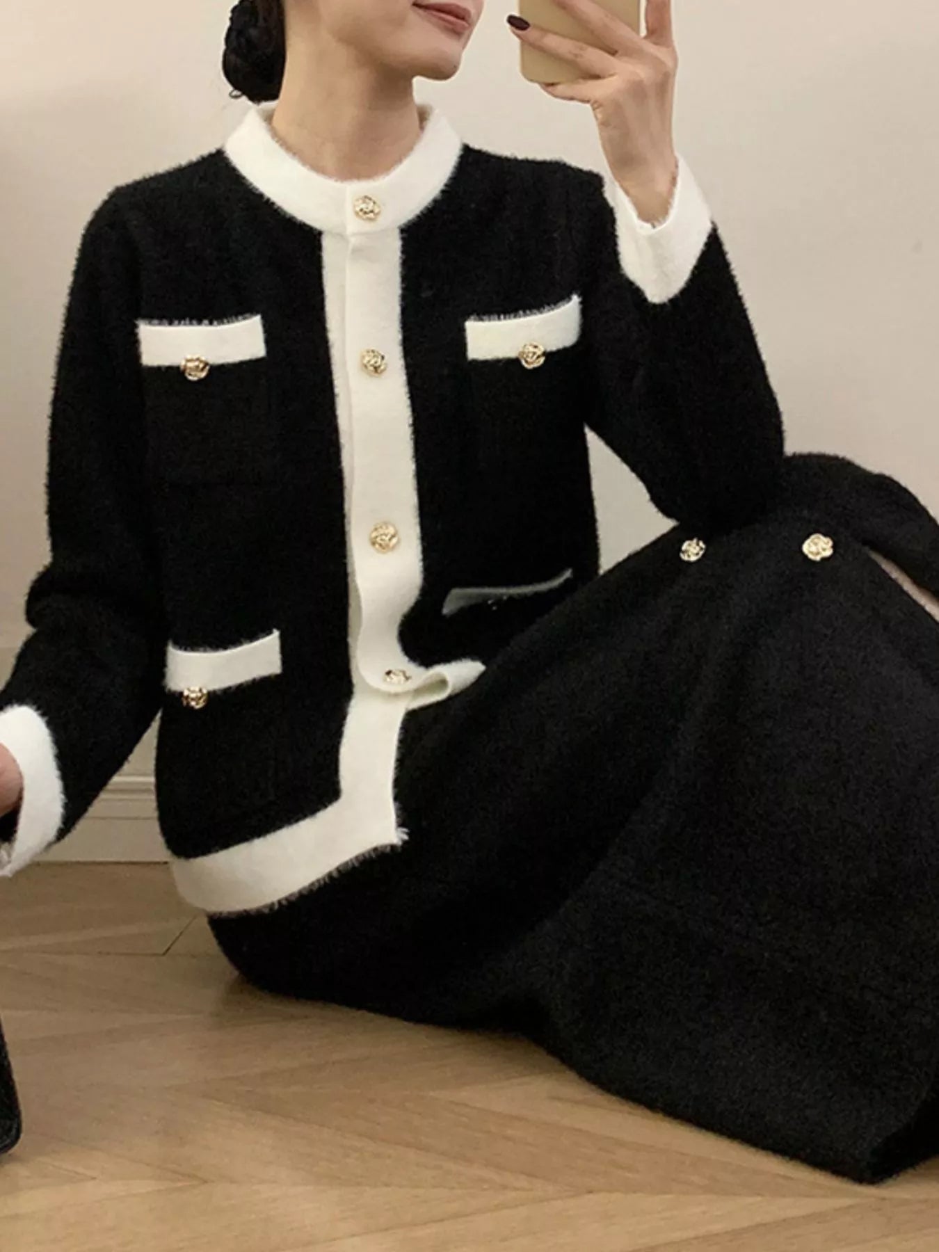 Contrast Trim Jacket and Skirts Sweater Set nicholesgifts