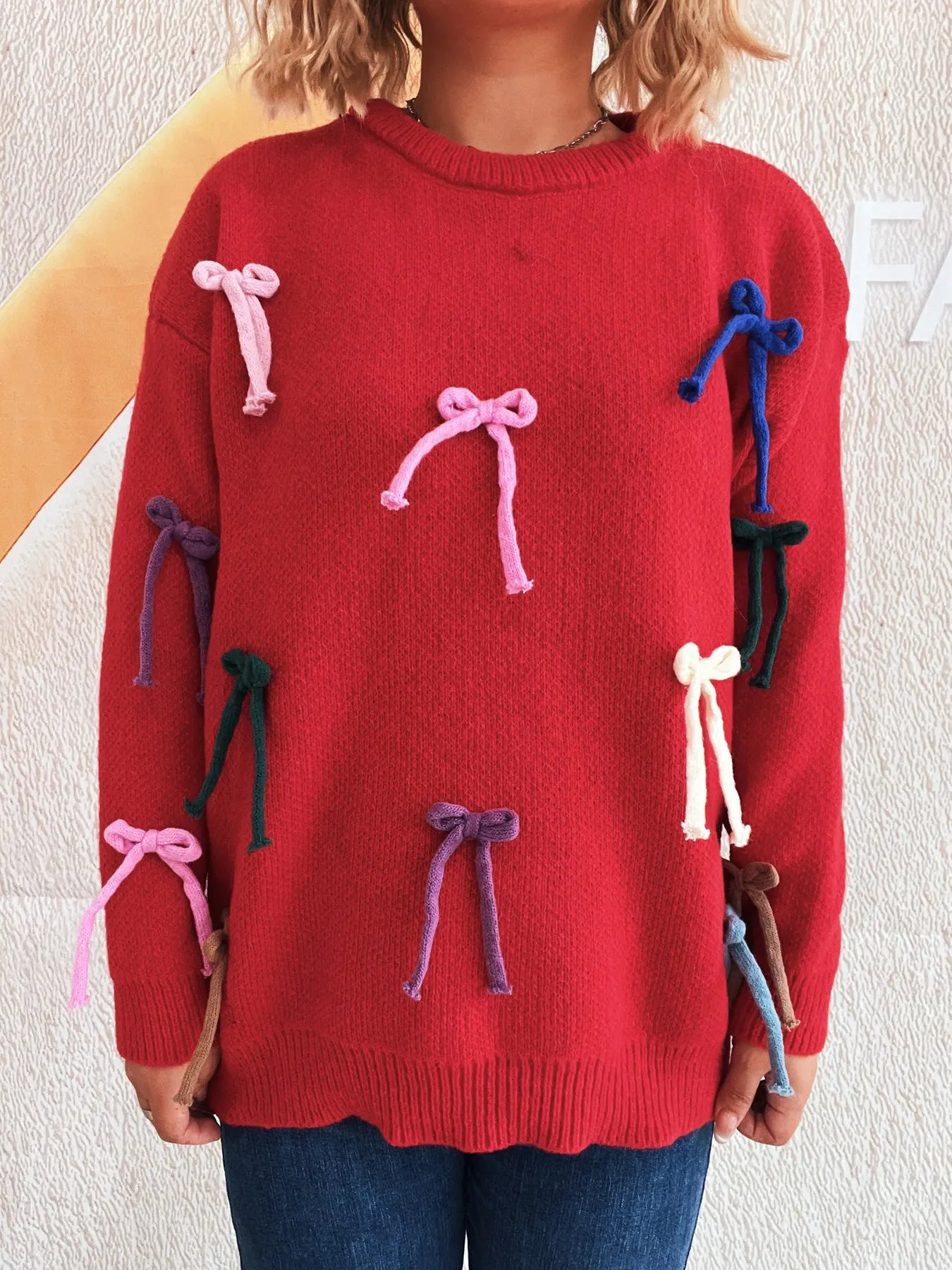 Colorful Bow Round Neck Sweater