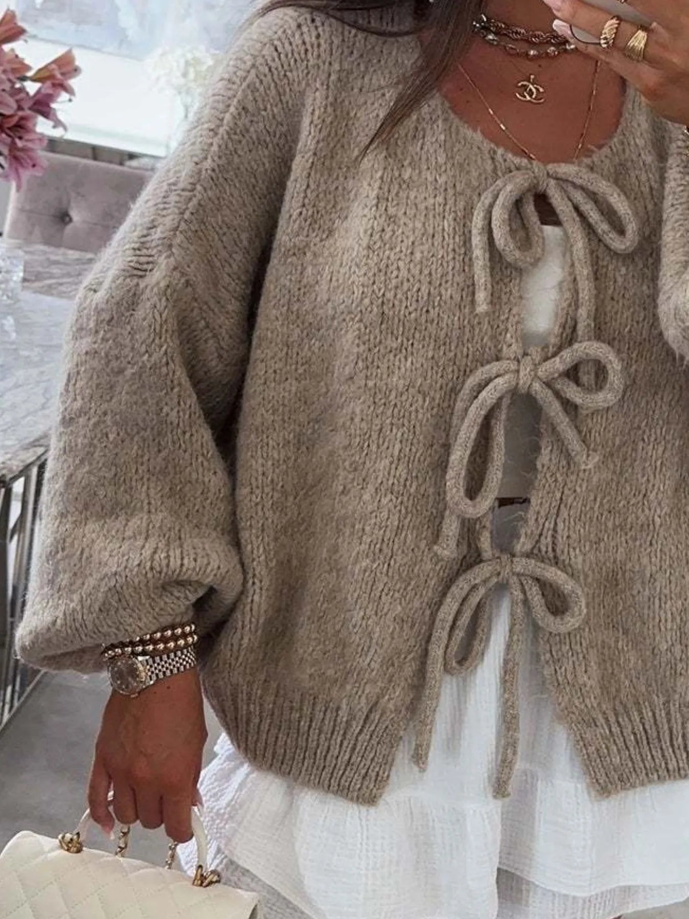 Cozy Bow-Tie Front Knit Cardigan