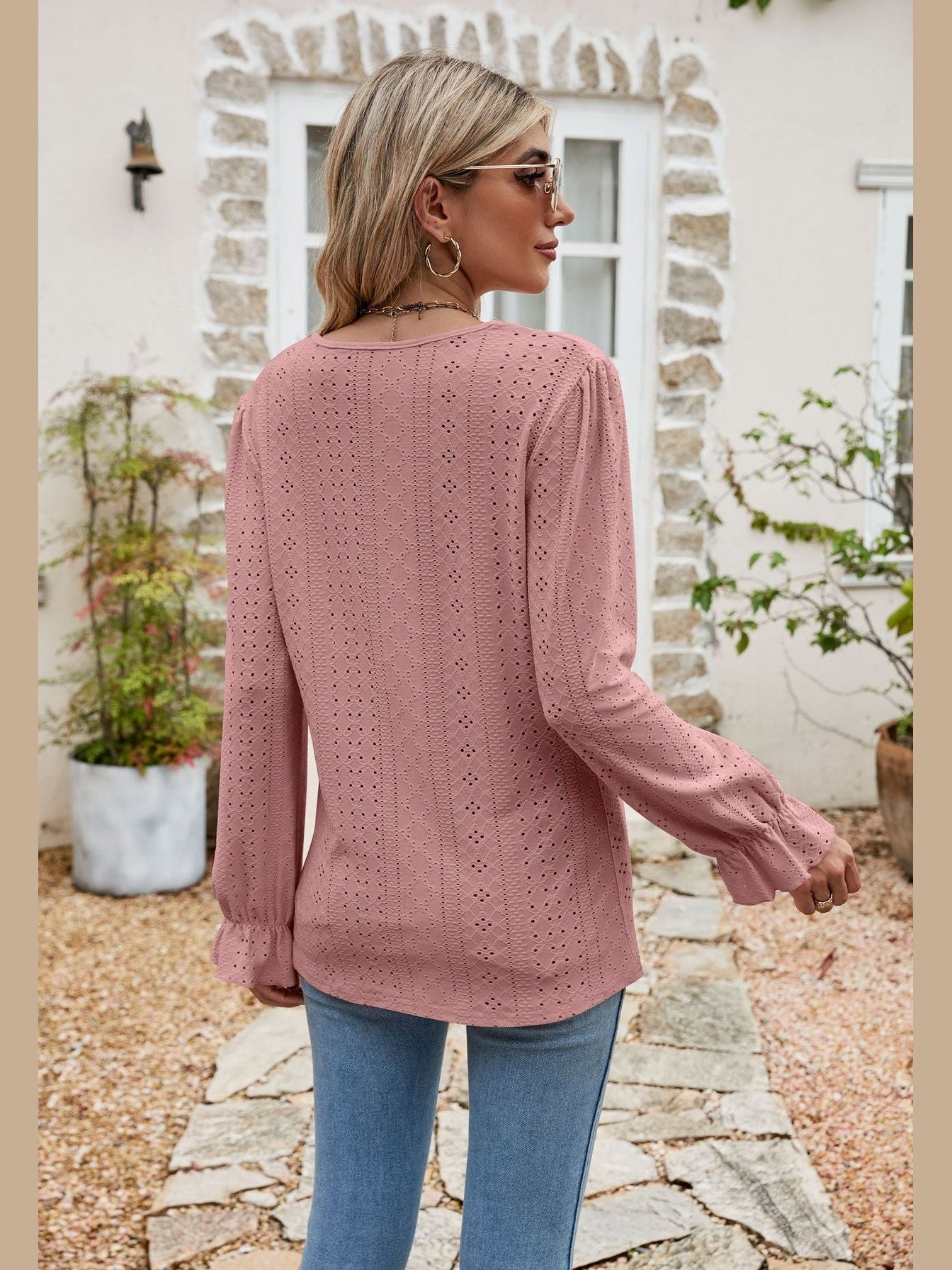 Eyelet Lace Trim Flounce Sleeve Blouse