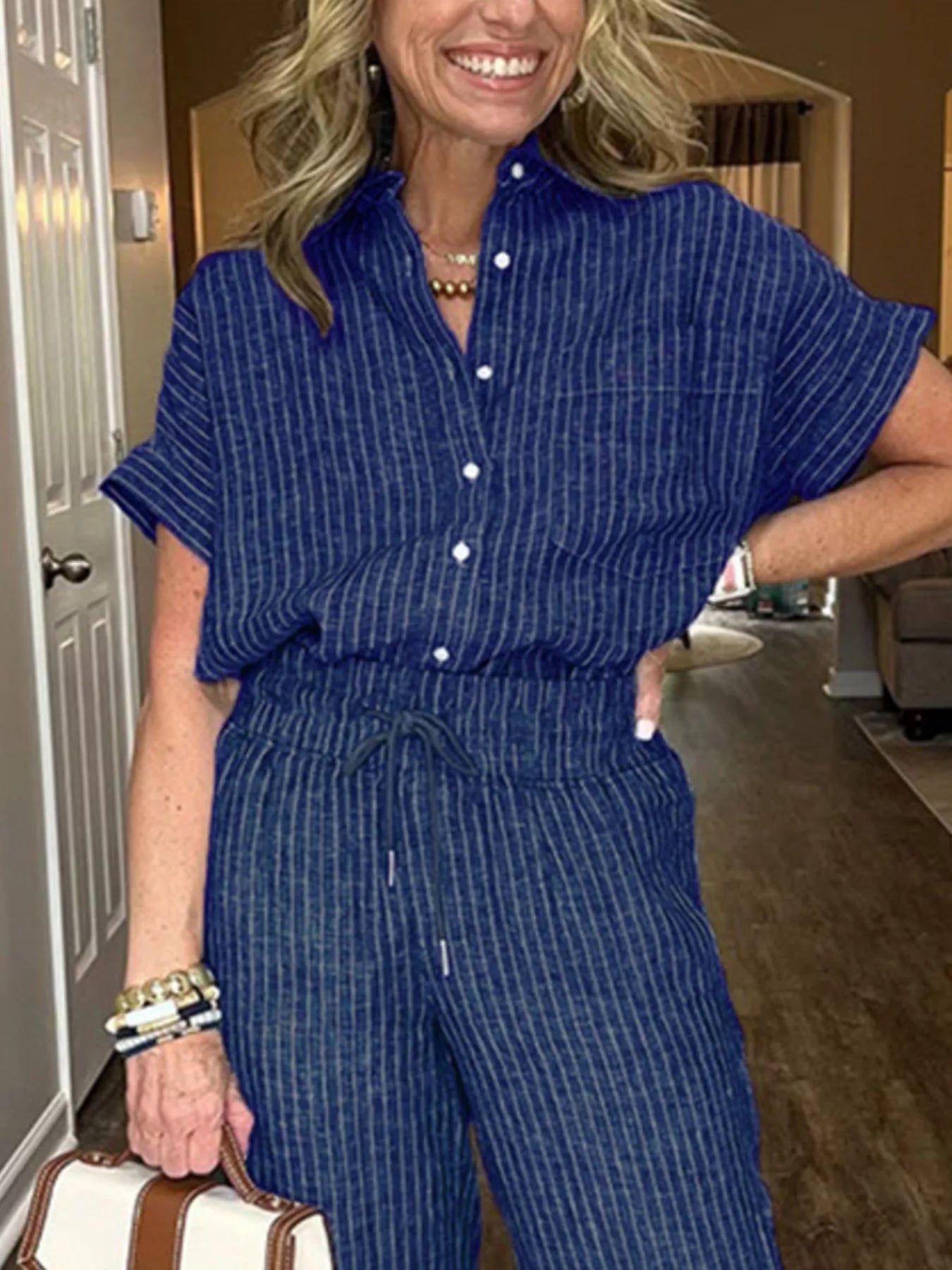 Full Size Striped Button-Up Shirt and Wide Leg Pants Casual Set Plus Size Trendsi