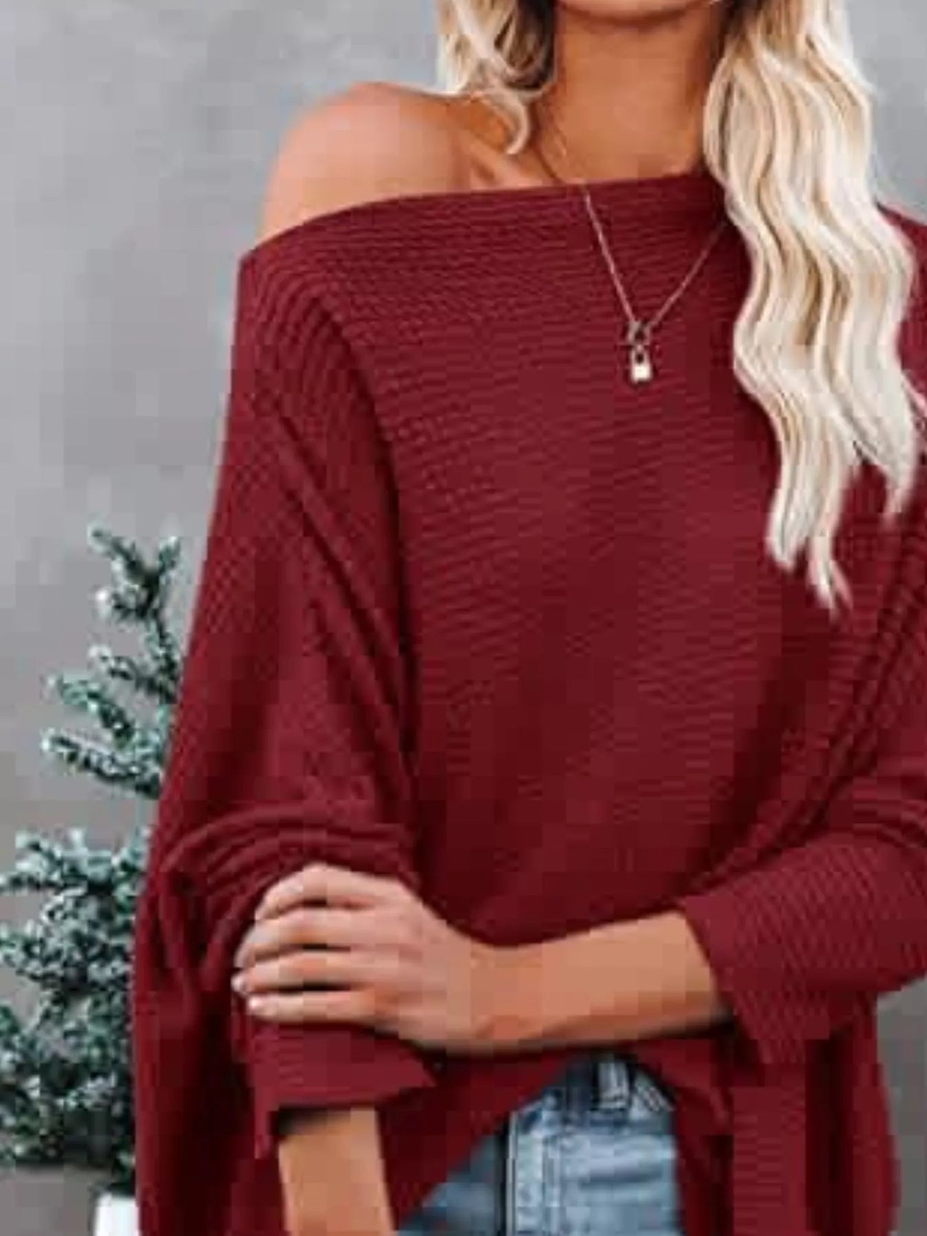 Waffle Knit Boat Neck T-Shirt nicholesgifts