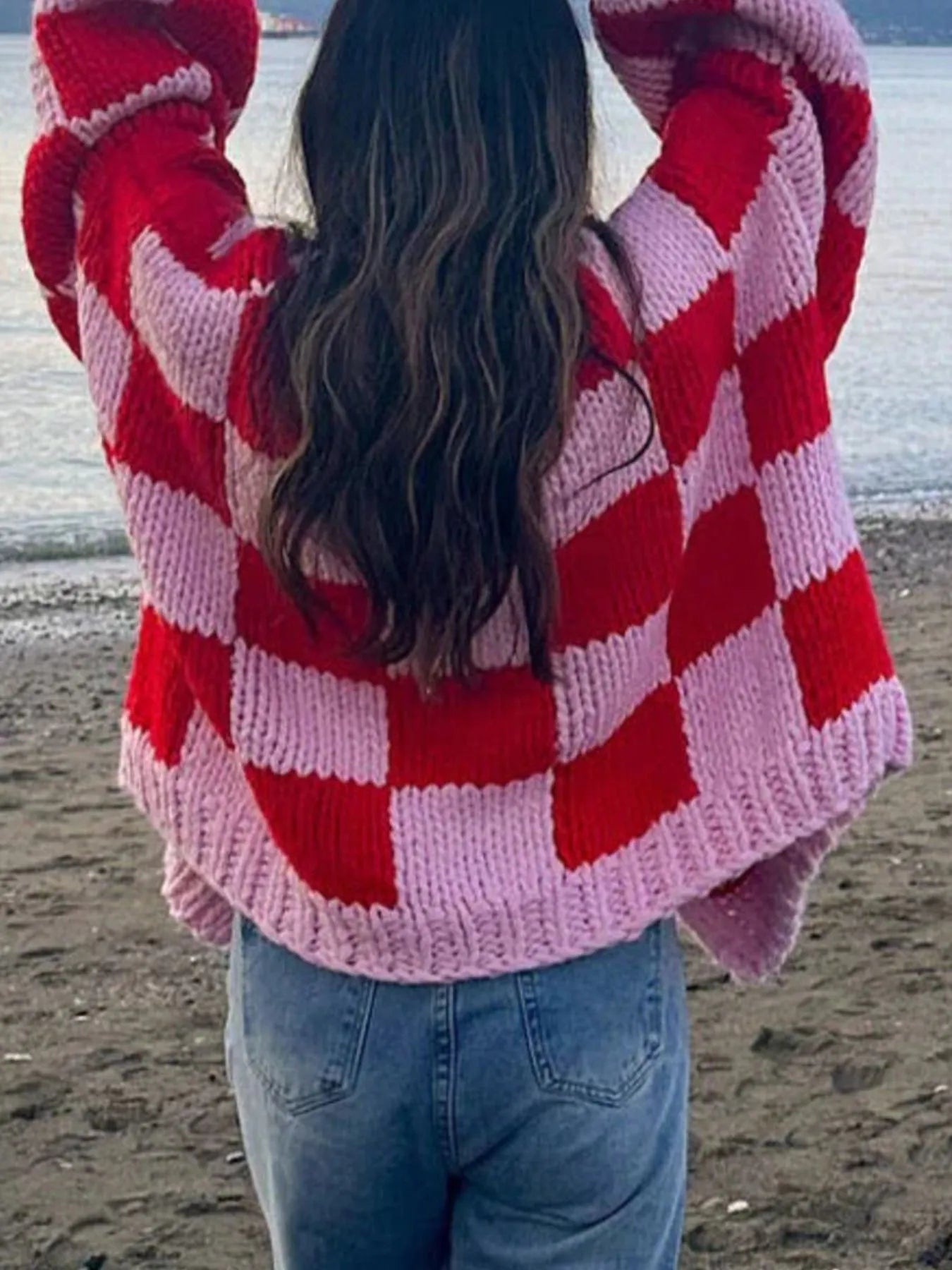 Checkered Open Front Long Sleeve Cardigan