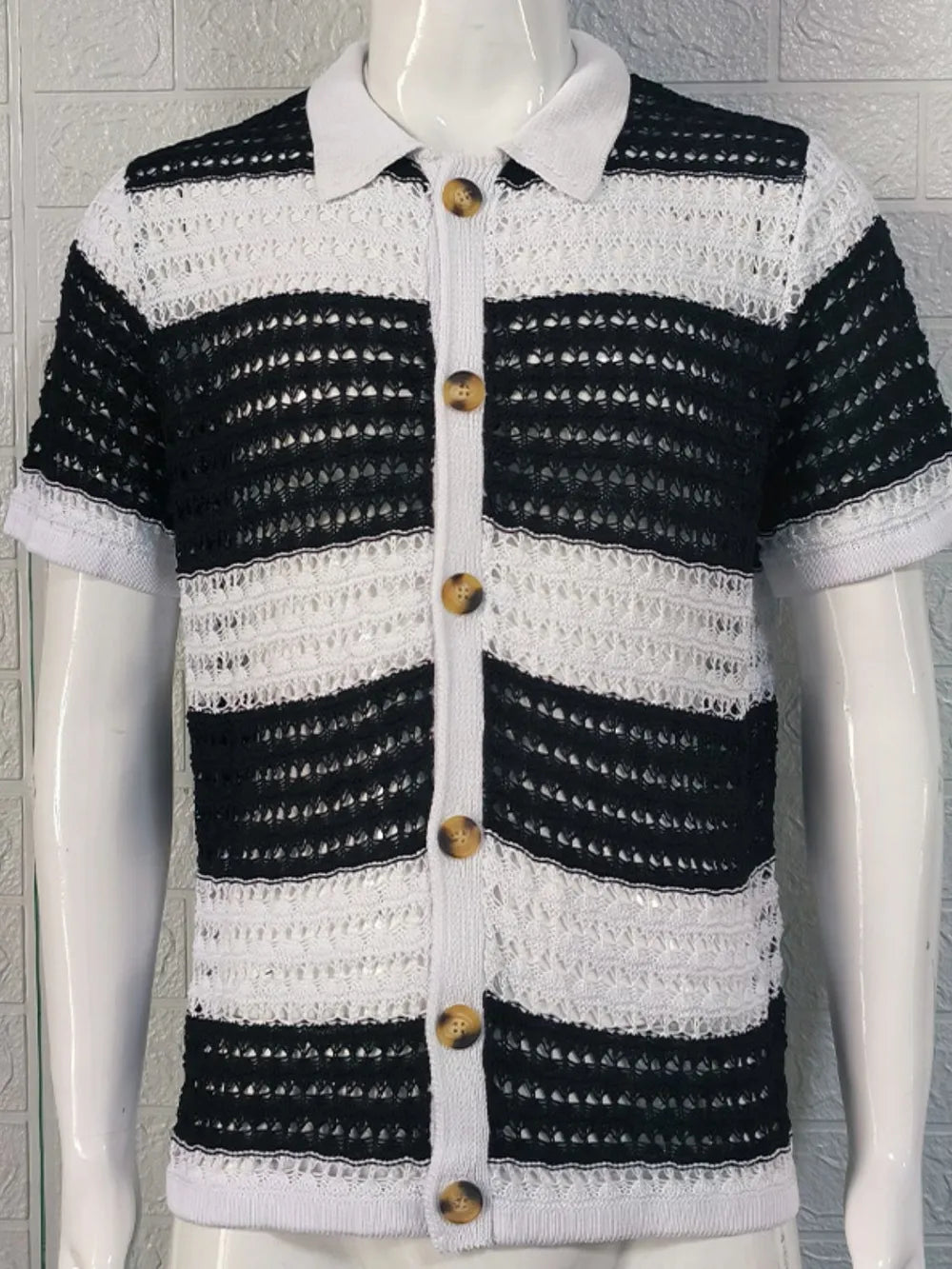 Men's Button Down Collared Neck Contrast Openwork Shirt NicholesGifts