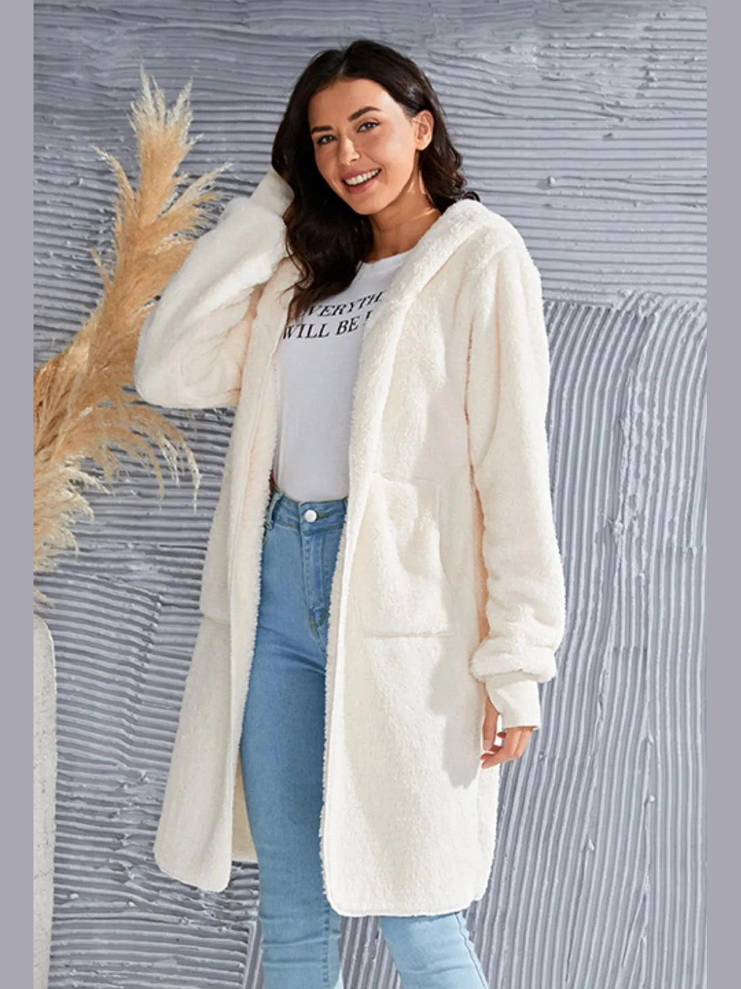 Double Take Full Size Hooded Teddy Bear Jacket with Thumbholes nicholesgifts